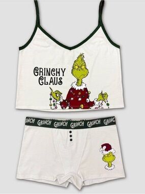 Grinchy Claus Holiday Crop Tank & Boxer Set - White & Green